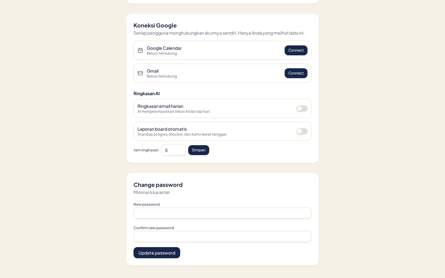 Papan profile page showing optional Google Calendar and Gmail connection buttons