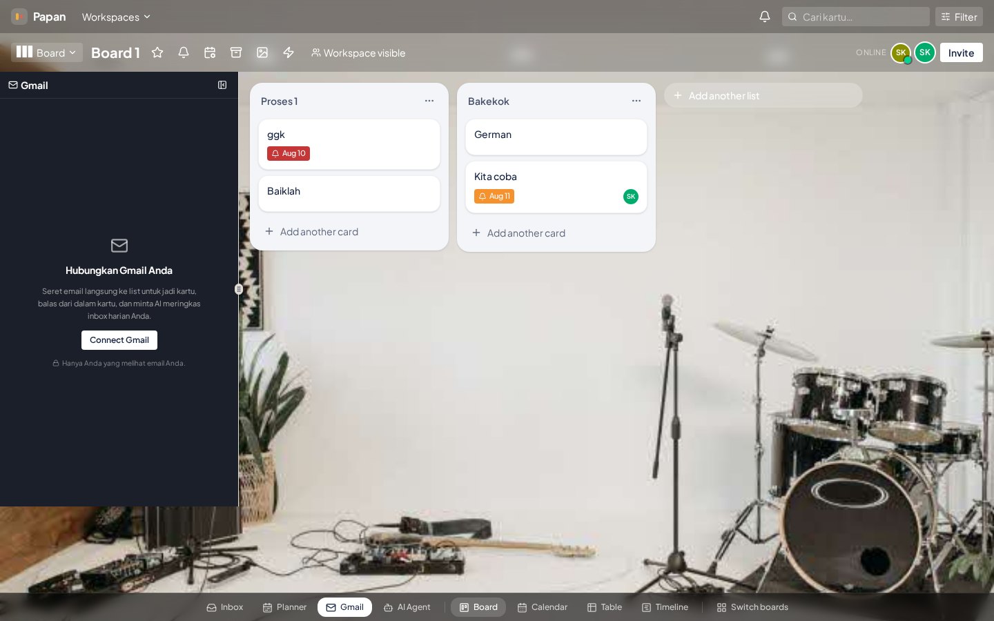 Papan board with the Gmail sidebar panel and a connect Gmail prompt