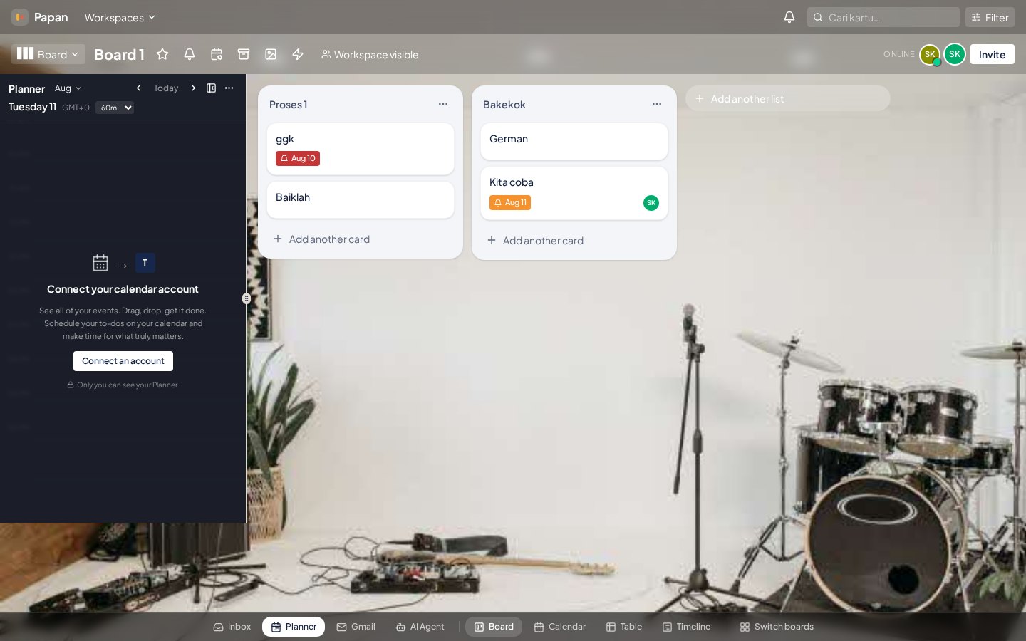 Papan board with the Planner sidebar showing an hourly timeline and a connect-calendar prompt